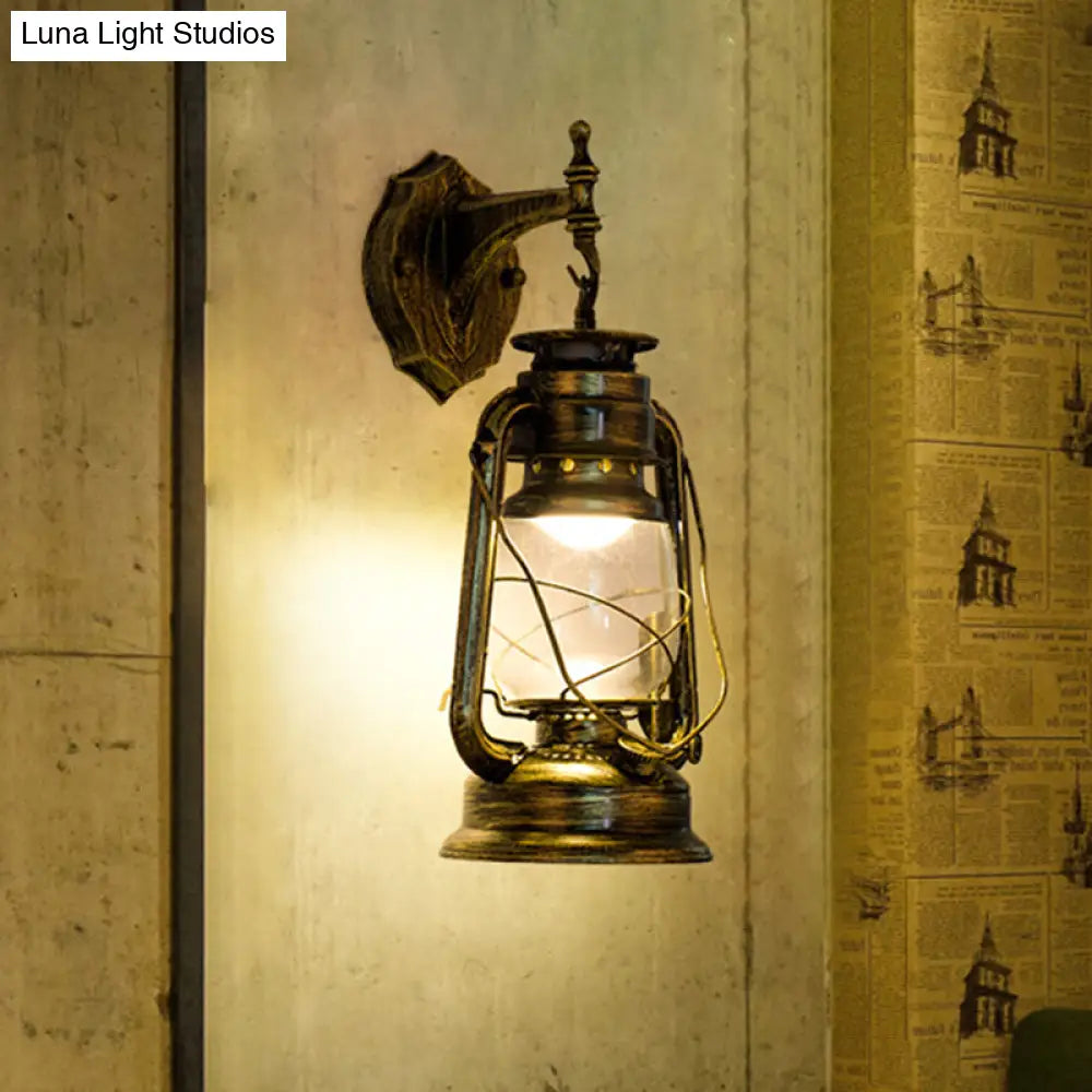 Vintage Iron Kerosene Lantern Wall Light Fixture For Restaurants - 1-Light