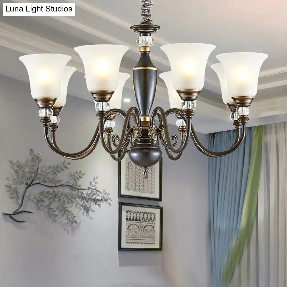 Vintage Iron Living Room Pendant Light With Black Curved Chandelier Design And Opal Glass Shade