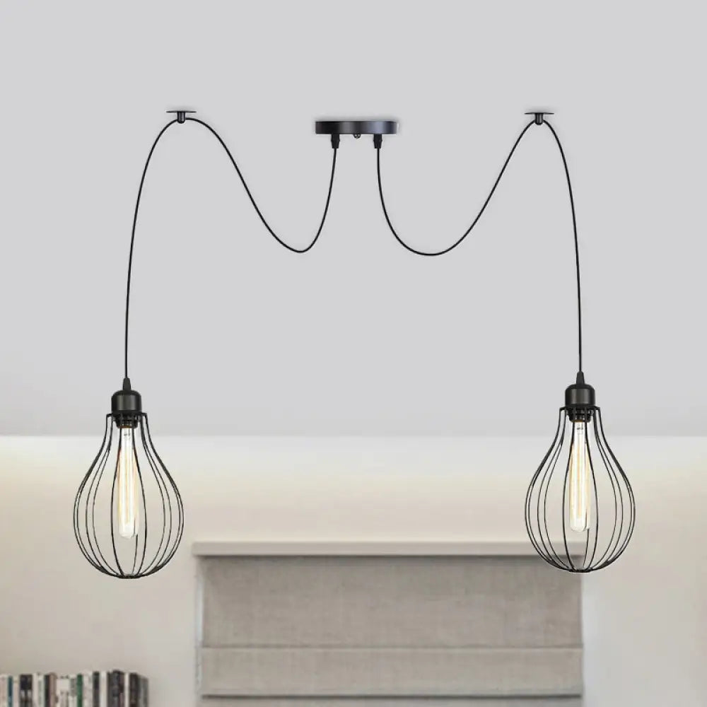Vintage Iron Pear Cage Hanging Light: 2/3/6-Light Coffee House Swag Pendulum Lamp In Black 2 /