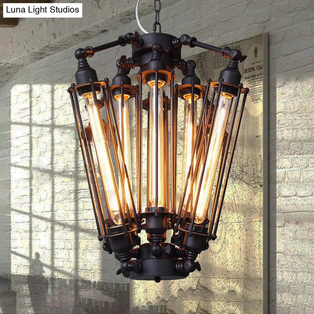Vintage Metal 8-Head Dining Room Light Fixture With Adjustable Chain In Black - Wire Tubed Iron