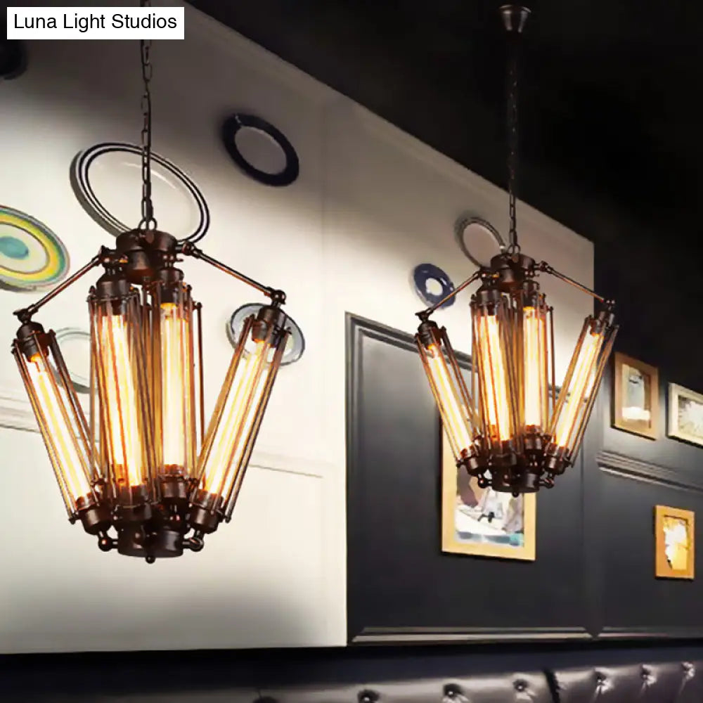 Vintage Iron Pendant Lighting - Wire Tubed Metal 8-Head Dining Room Light Fixture In Black