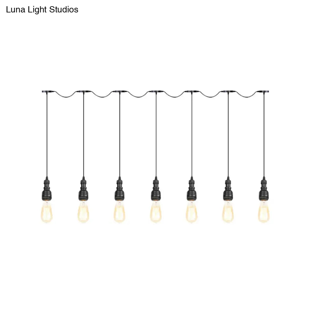 Vintage Iron Pendant Lamp With Exposed Bulbs - 5/7 Lights Black Finish Tandem Multi Hanging Fixture