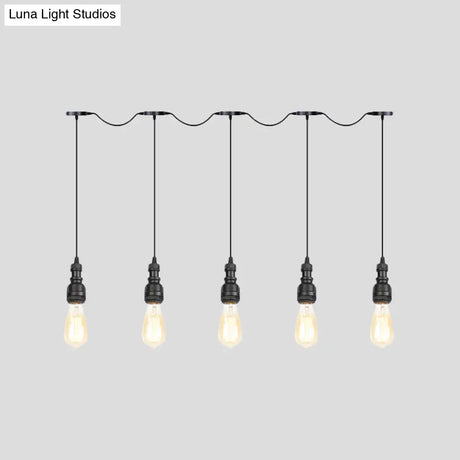Vintage Iron Restaurant Pendant Lamp - Exposed Bulb Black Finish 5/7 Lights Tandem Multi-Hanging