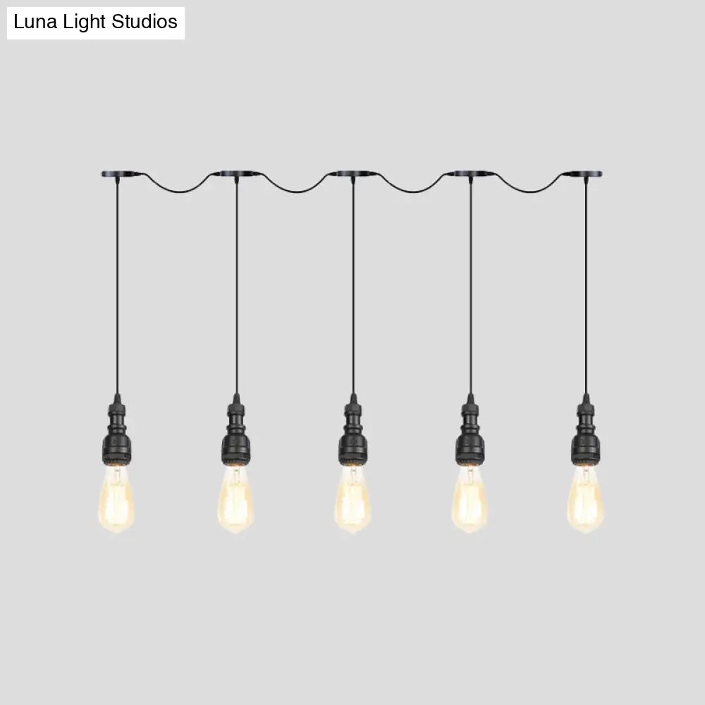 Vintage Iron Restaurant Pendant Lamp - Exposed Bulb Black Finish 5/7 Lights Tandem Multi-Hanging