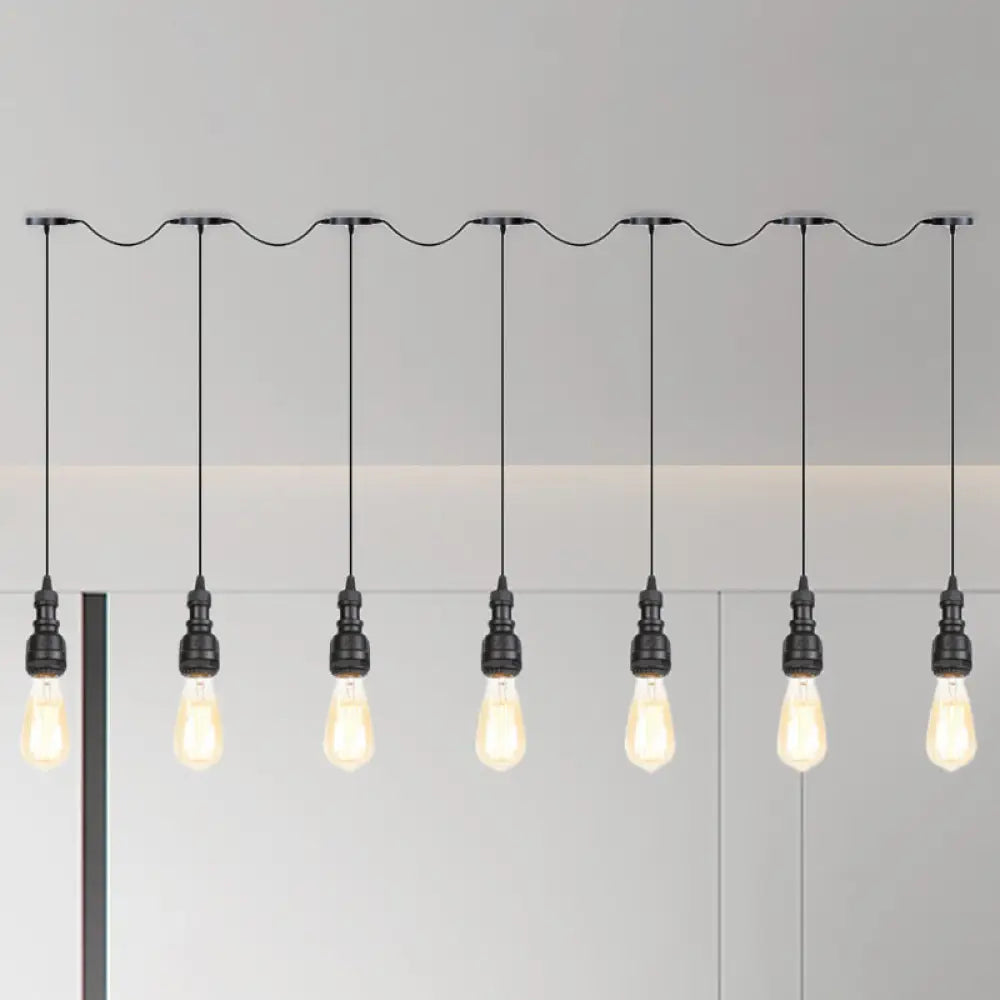 Vintage Iron Restaurant Pendant Lamp - Exposed Bulb Black Finish 5/7 Lights Tandem Multi-Hanging