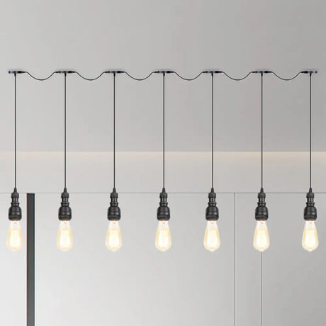 Vintage Iron Restaurant Pendant Lamp - Exposed Bulb Black Finish 5/7 Lights Tandem Multi-Hanging