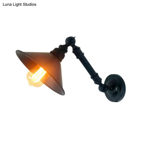 Vintage Iron Swing Arm Wall Lamp: Black Flared Reading Light For Bedroom With 1 Bulb - Mount