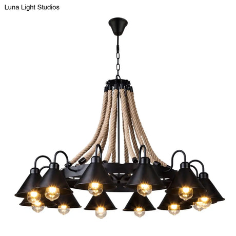 Vintage Iron Wheel Chandelier Pendant Light With Hemp Rope In Black For Restaurants