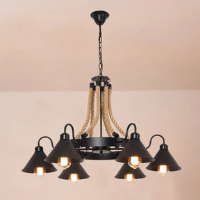 Vintage Iron Wheel Chandelier Pendant Light With Hemp Rope In Black For Restaurants / 34.5’ A