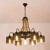 Vintage Iron Wheel Chandelier Pendant Light With Hemp Rope In Black For Restaurants / 34.5’ B