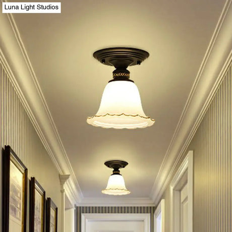 Vintage Ivory Glass Flared Ceiling Light With 1 Bulb - Semi Mount Black Fixture