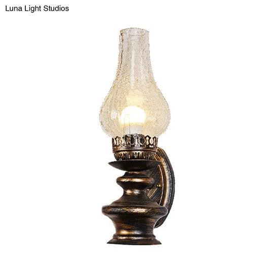 Vintage Kerosene Sconce With Clear Crackle Glass And Brass Wall Mount