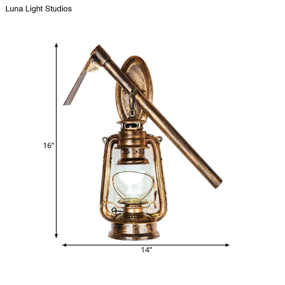 Vintage Lantern Style Wall Hanging Sconce Light In Bronze With Clear Glass And Metal Hoe Deco -