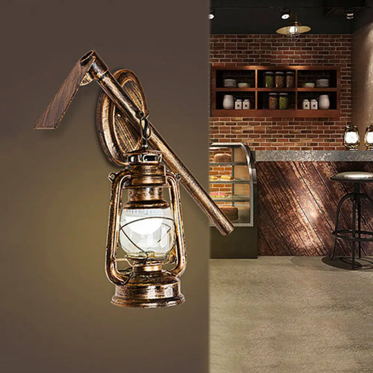 Vintage Lantern Style Wall Hanging Sconce Light In Bronze With Clear Glass And Metal Hoe Deco -