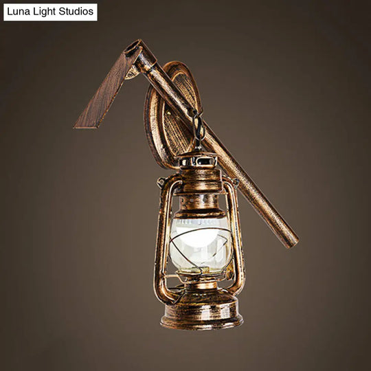 Vintage Lantern Style Wall Hanging Sconce Light In Bronze With Clear Glass And Metal Hoe Deco -