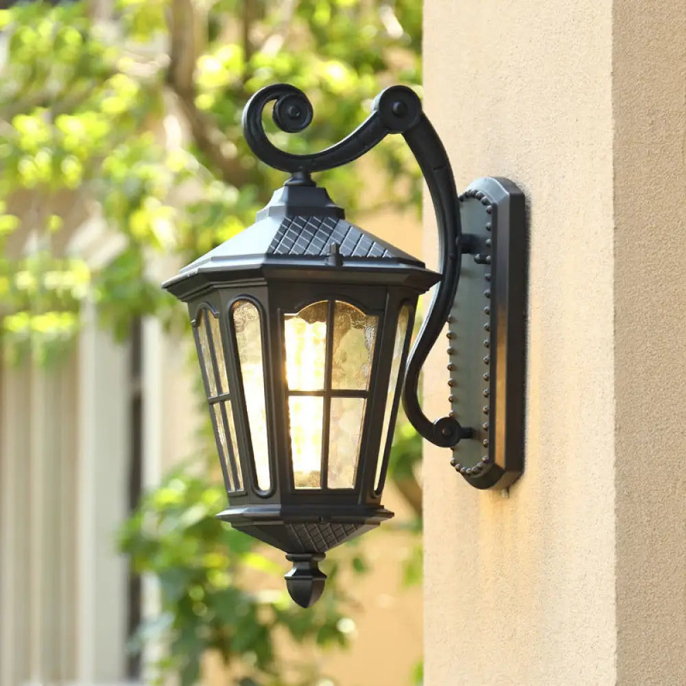 Vintage Lantern Wall Light With Ripple Glass - Single Bulb Fixture For Yard Black / Small