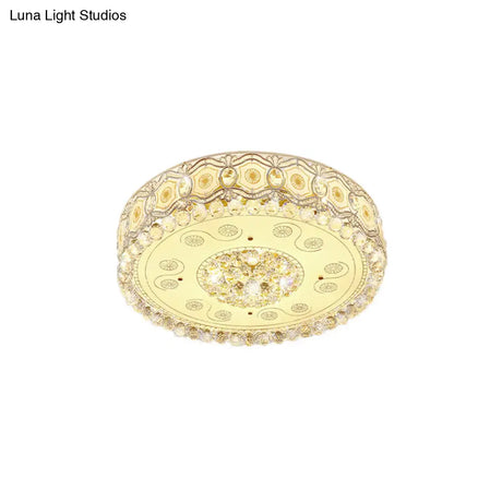 Vintage Led Flush Mount Ceiling Lamp With Etched Design Clear Crystal Accents And White Glass Circle