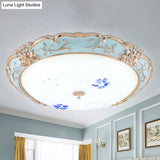 Vintage Led Flush Mount Light With Floral Shade And Opaque Glass - 13’/16’/19.5’ Wide Blue