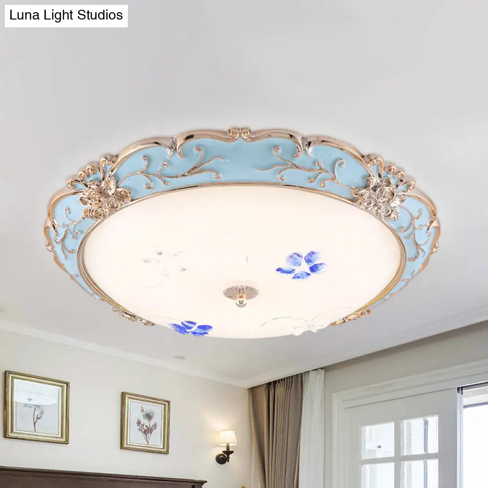 Vintage Led Flush Mount Light With Floral Shade And Opaque Glass - 13/16/19.5 Wide Blue Color
