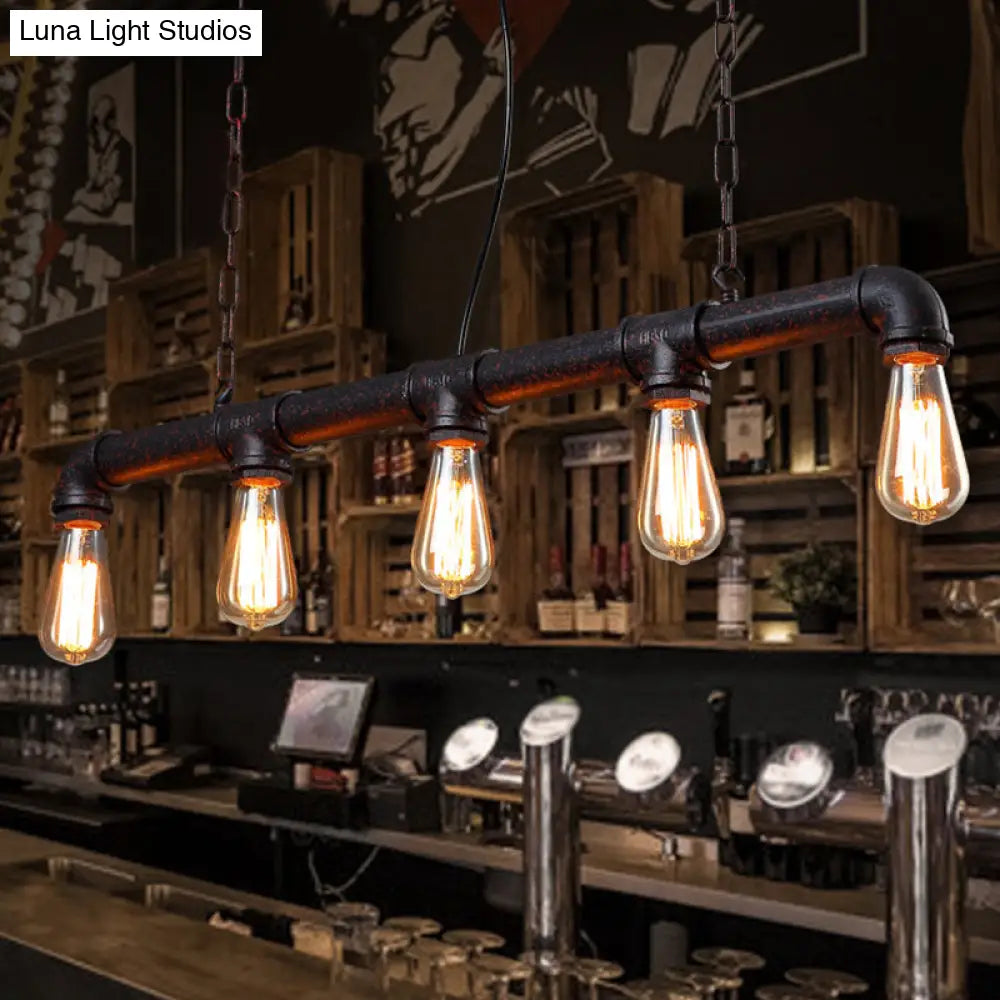 Vintage Linear Pipe Iron Island Ceiling Light - 5 Heads Hanging Pendant For Restaurant