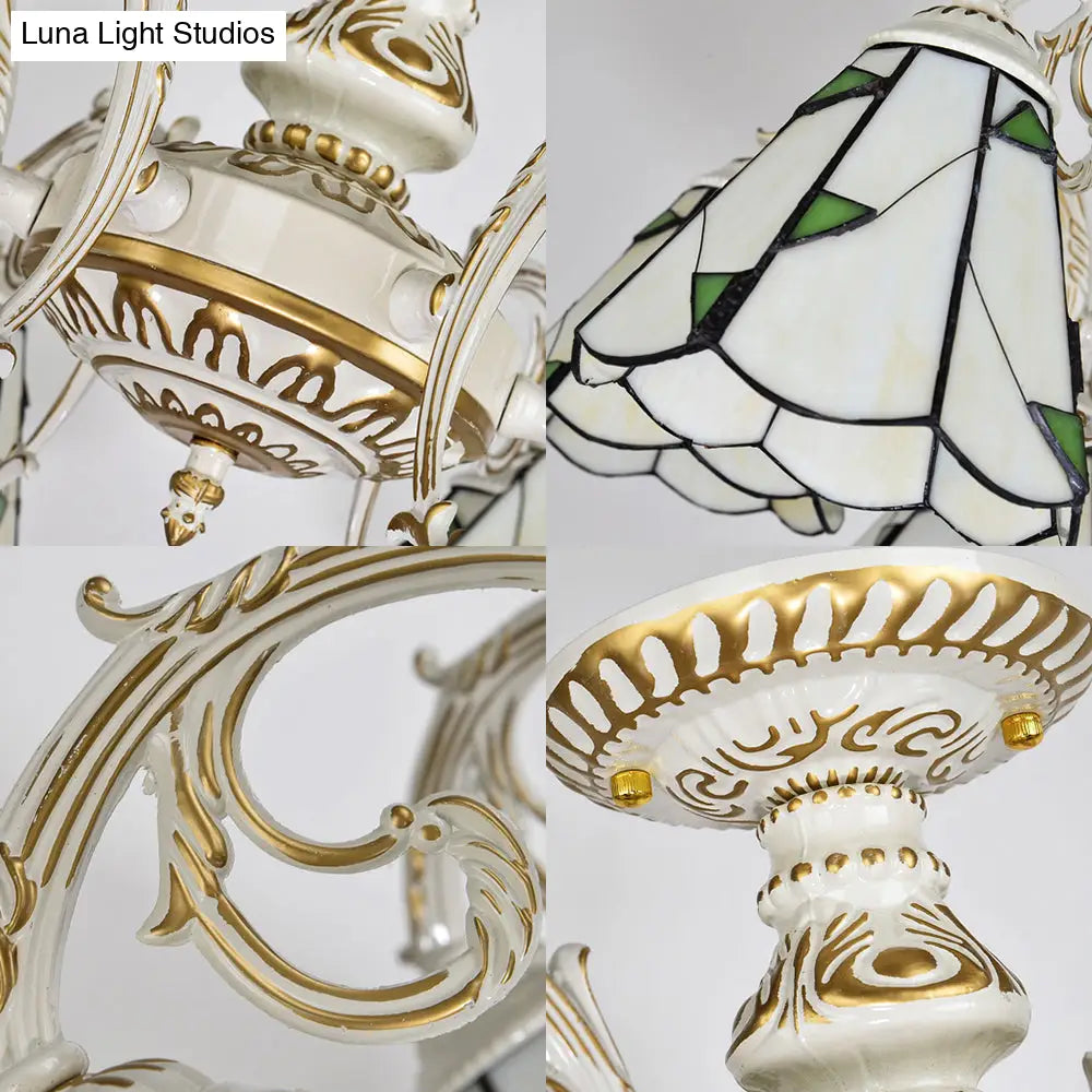 Vintage Lodge Stained Glass Semi Flush Ceiling Light In White/Antique Brass With Conical Design -