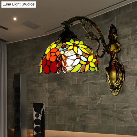 Vintage Loft Style Floral Wall Sconce With Stained Glass Shade - 1 Light Red Indoor Lighting Fixture