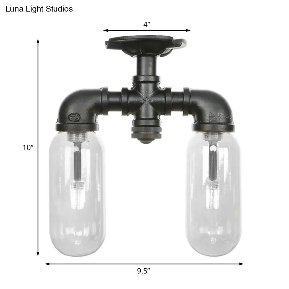 Vintage Matte Black Semi Mount Ceiling Light With Clear Glass Shades - 2 - Light Capsule Design