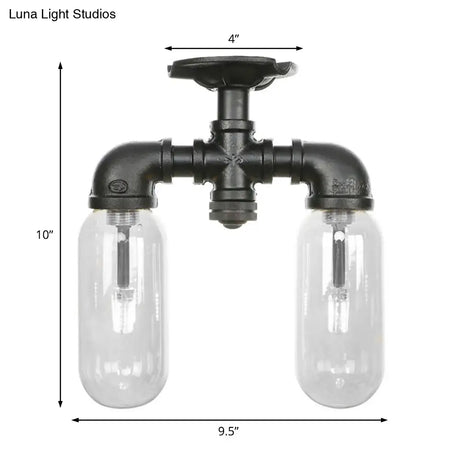 Vintage Matte Black Semi Mount Ceiling Light With Clear Glass Shades - 2 - Light Capsule Design