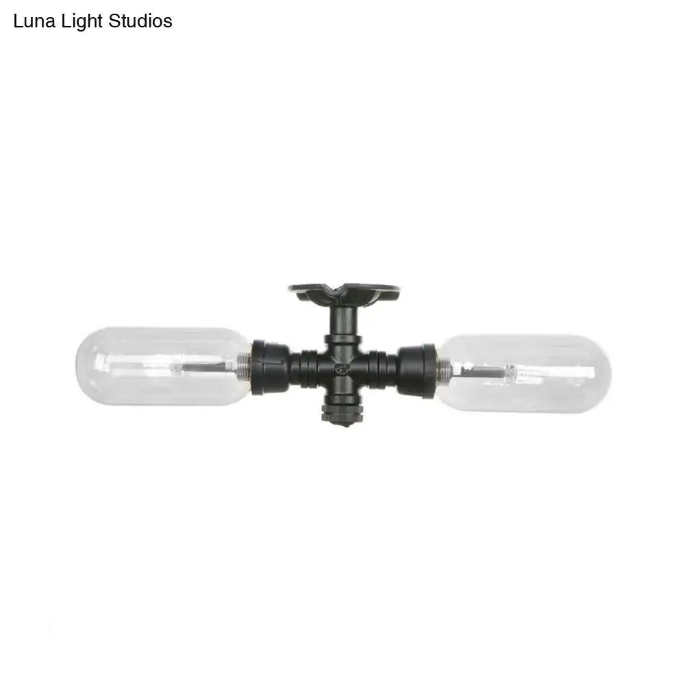 Vintage Matte Black Semi Mount Ceiling Light With Clear Glass Shades - 2 - Light Capsule Design