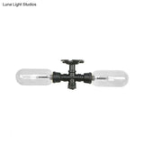 Vintage Matte Black Semi Mount Ceiling Light With Clear Glass Shades - 2 - Light Capsule Design