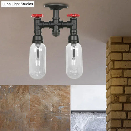 Vintage Matte Black Semi Mount Ceiling Light With Clear Glass Shades - 2 - Light Capsule Design