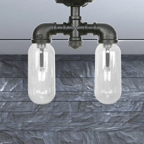 Vintage Matte Black Semi Mount Ceiling Light With Clear Glass Shades - 2 - Light Capsule Design / B