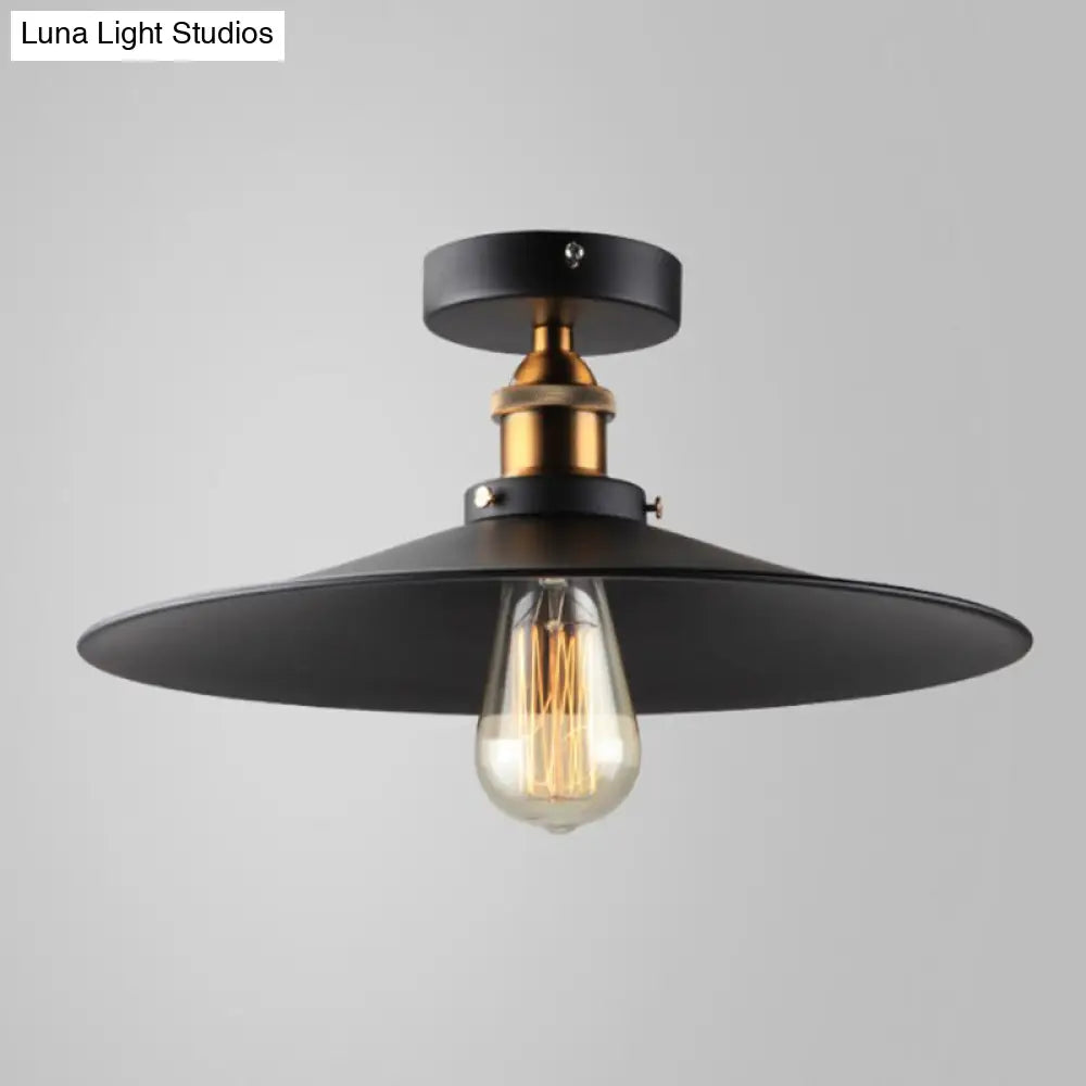 Vintage Metal 1-Light Semi-Flush Ceiling Light - Black Shaded Kitchen Fixture / 10 Wide Flare