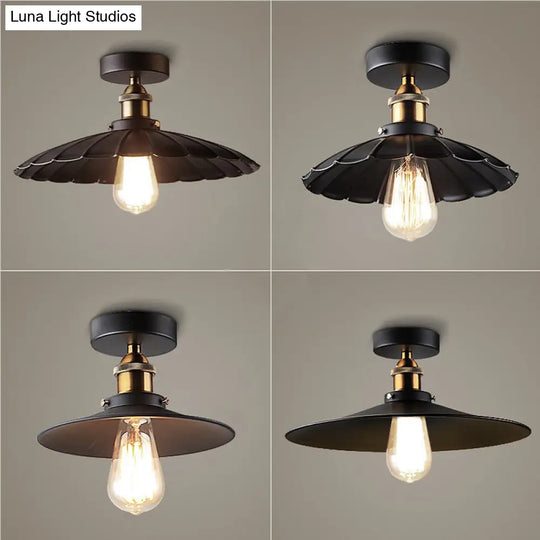 Vintage Metal 1-Light Semi-Flush Ceiling Light - Black Shaded Kitchen Fixture