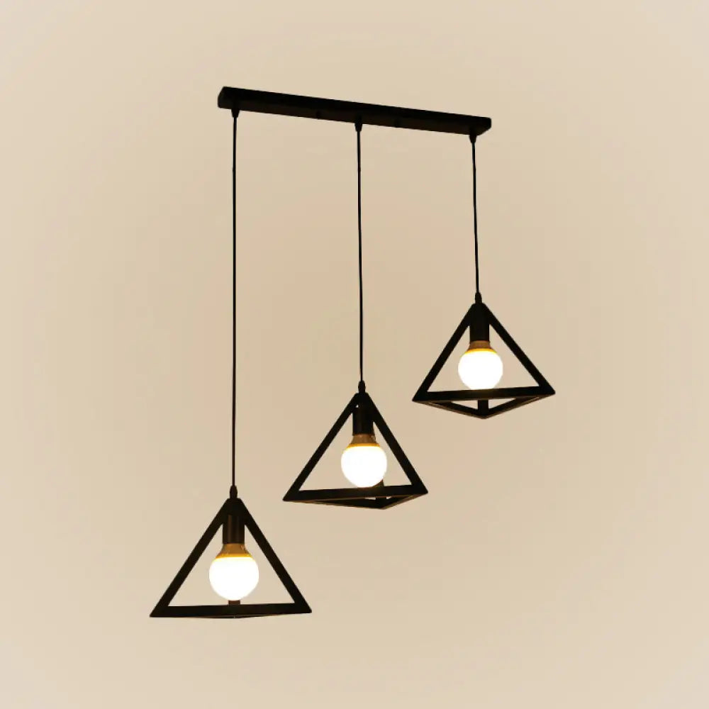 Vintage Metal 3-Light Geometric Cage Ceiling Lamp For Dining Room Black / Triangle