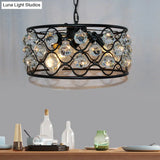 Vintage Metal And Crystal Drum Chandelier - 3 Lights Black Ceiling Light For Living Room