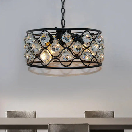 Vintage Metal And Crystal Drum Chandelier - 3 Lights Black Ceiling Light For Living Room