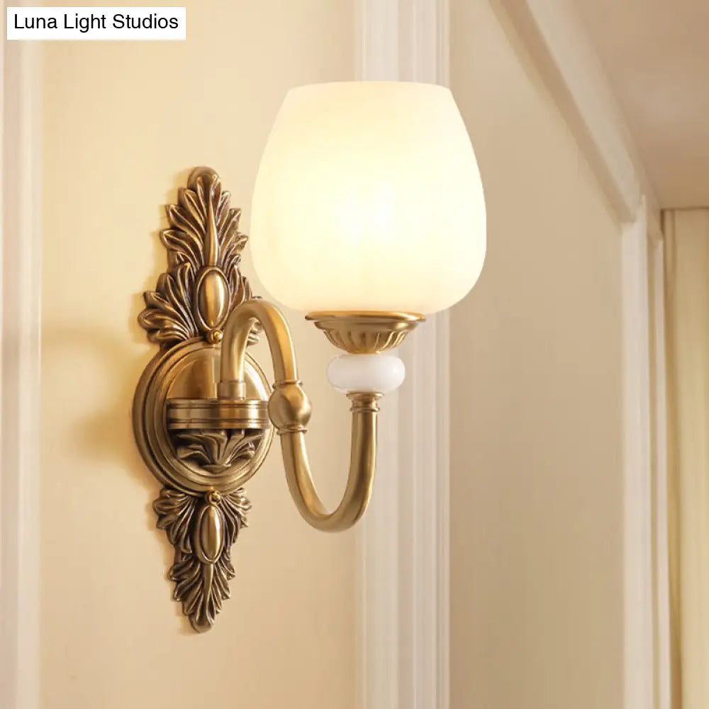 Vintage Metal Brass Wall Sconce Gooseneck Lamp With White Glass Bowl Shade