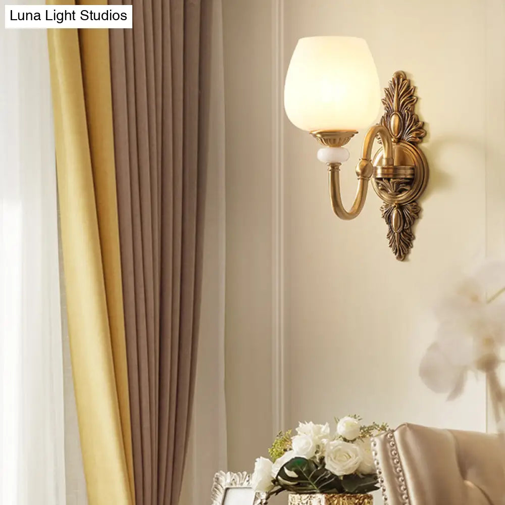 Vintage Metal Brass Wall Sconce Gooseneck Lamp With White Glass Bowl Shade