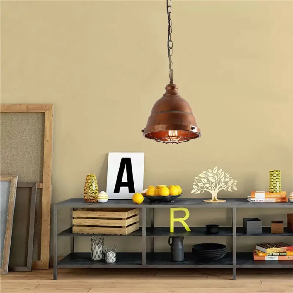 Vintage Metal Caged Ceiling Light - Rustic Dining Room Pendant Lamp Rust