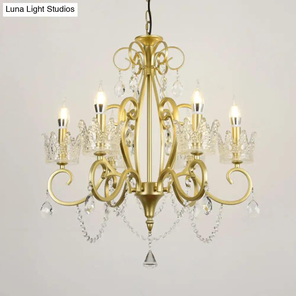 Vintage Metal Candelabra Ceiling Chandelier With Crystal Crown Elegant Living Room Light Fixture
