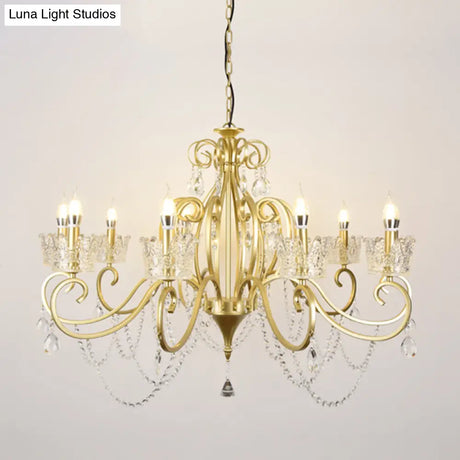 Vintage Metal Candelabra Ceiling Chandelier With Crystal Crown Elegant Living Room Light Fixture