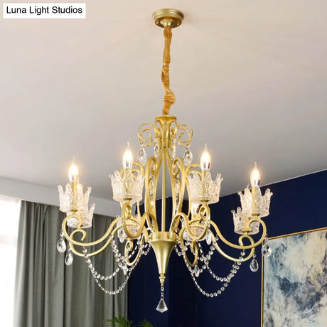 Vintage Metal Candelabra Ceiling Chandelier With Crystal Crown Elegant Living Room Light Fixture