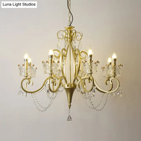 Vintage Metal Candelabra Ceiling Chandelier With Crystal Crown Elegant Living Room Light Fixture