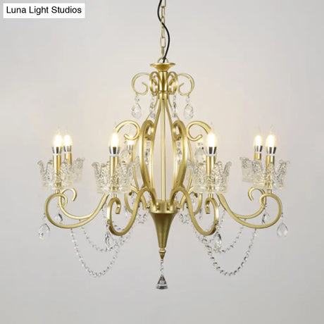 Vintage Metal Candelabra Ceiling Chandelier With Crystal Crown Elegant Living Room Light Fixture
