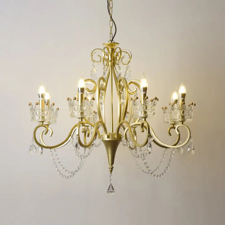 Vintage Metal Candelabra Ceiling Chandelier With Crystal Crown Elegant Living Room Light Fixture 8 /
