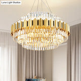 Vintage Metal Chandelier Light With Layered Pendant And Faceted Crystal In Gold For Dining Room
