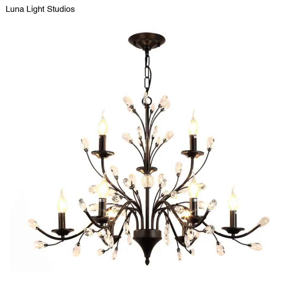Vintage Metal Chandelier With Exposed Bulbs | 3/6/9 Lights Black Finish Crystal Draping