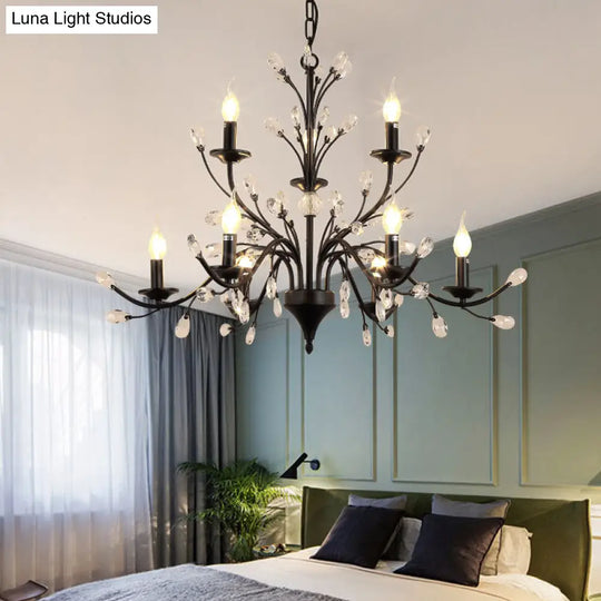 Vintage Metal Chandelier With Exposed Bulbs | 3/6/9 Lights Black Finish Crystal Draping