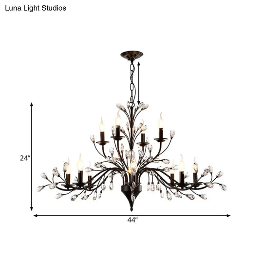 Vintage Metal Chandelier With Exposed Bulbs | 3/6/9 Lights Black Finish Crystal Draping